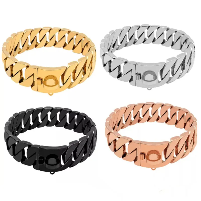 Wholesale Factory Golden 32mm Stainless Steel Dog Collar Bulldog Cathrow Bully Doberman Bulldog Metal Pet Gold Dog Chain Collars