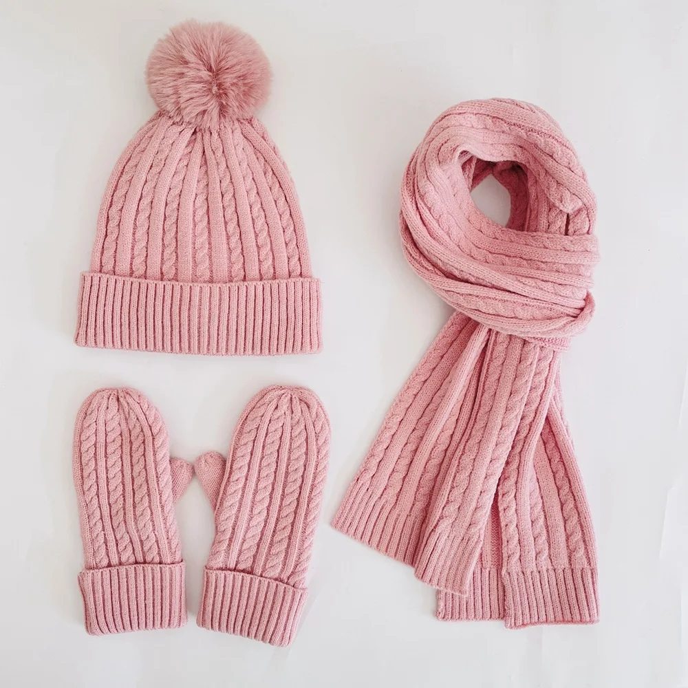 New Ladies Fashion Pink Yellow Cable Knit Solid 3 Piece Acrylic Knitted Beanie Hat Oblong Scarf Mitten Hand Gloves Set for Women