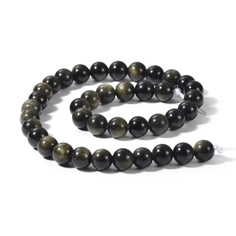 Wholesale Natrual Loose Gemstone Golden Banded Black Obsidian 2mm Large Hole Round Beads For Jewelry Bracelet Necklace Making