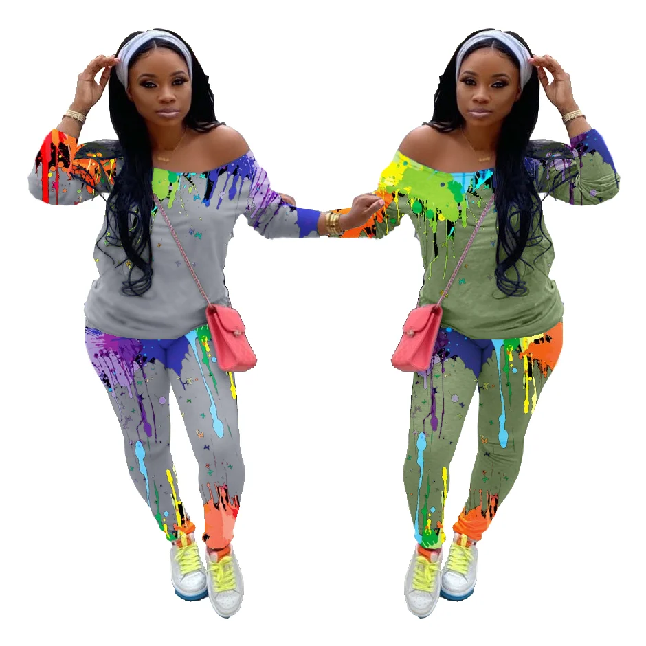 
EB-20092527 fall ladies casual two piece suit fashion splashed ink printed slanted shoulder letter print 2 piece suits for women 