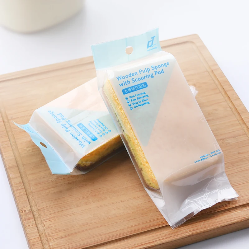 Customized logo absorbent natural wood pulp kitchen magic cleaning sponge with scouring pad for washing dishes