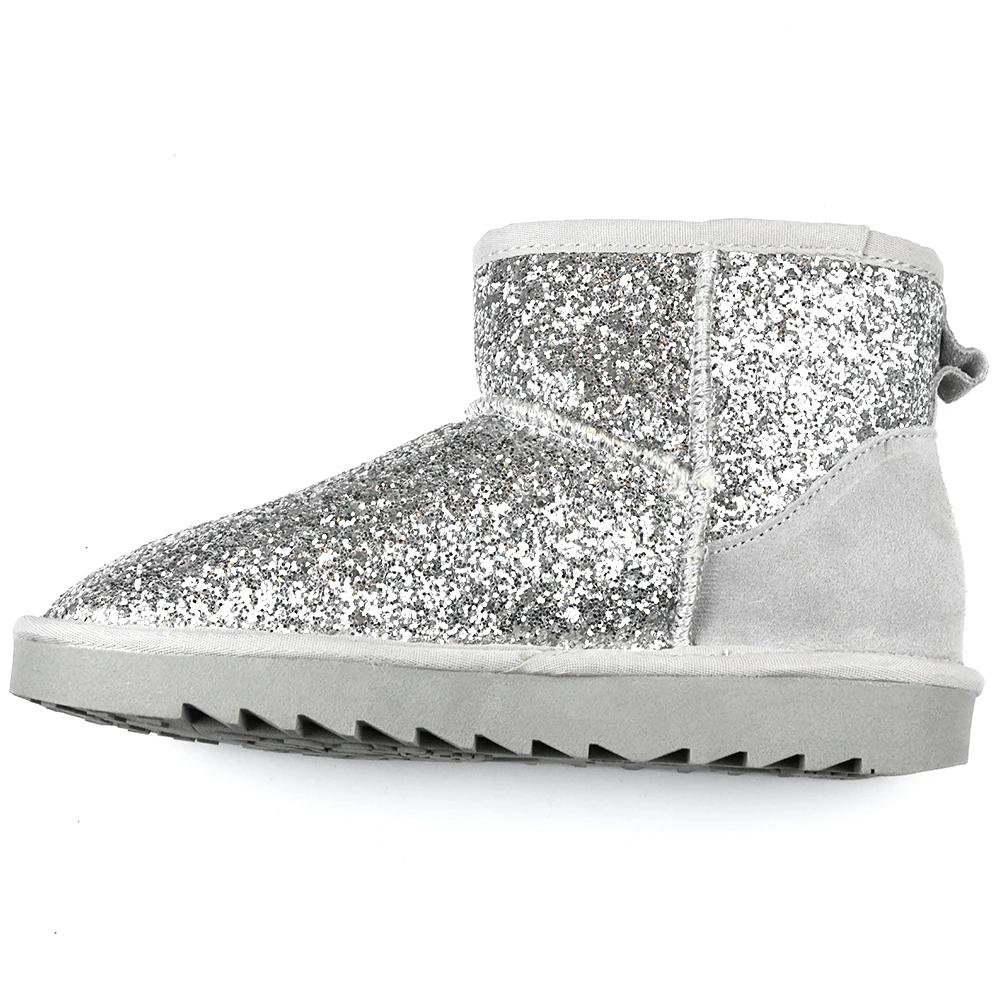 Fashion Trend Winter Warm Cracked sheepskin Glitter TPR Out sole  bling Indoor Slipper Ankle Snow Boots