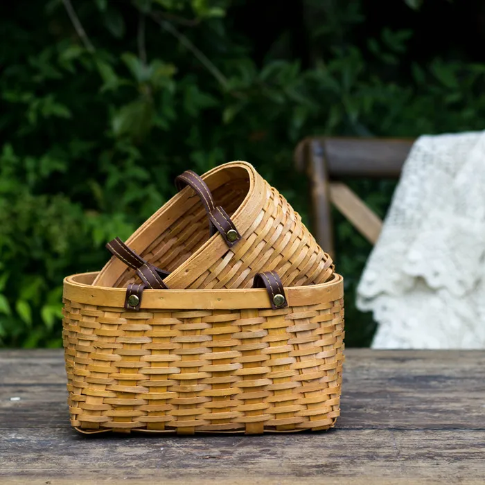 Wood storage bag wood baskets wholesale with leather handle for vegetable fruit bread or picnic