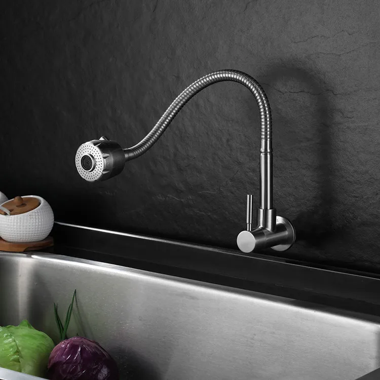 
Hot Sale Wall Mounted 360 Rotating 304 Stainless Steel Pull Out Down Taps Mixer For Sink Cold Water Flexible Kitchen Faucet 