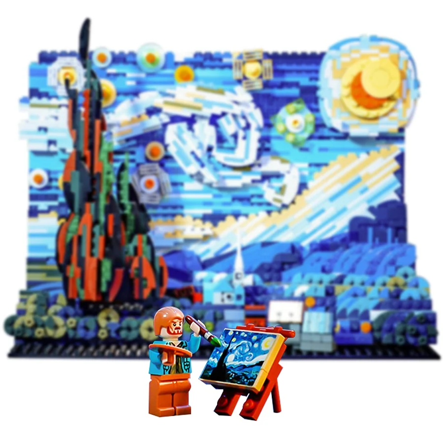 Starry Night Painting Micro Model Building Block Sets Vincent Van Gogh Artwork Decor Toys For Room Decoration