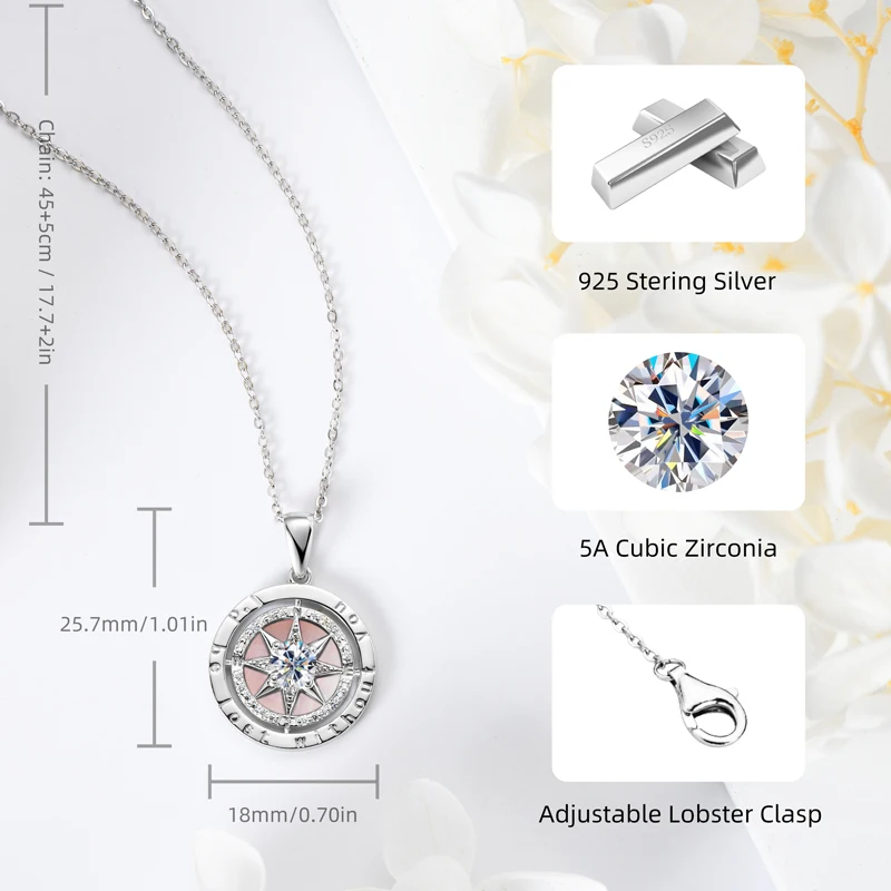 Bling Cubic Zirconia Neck Jewelry Gift 925 Sterling Silver Chain Necklace Exquisite Compass Pendant Necklaces for Women