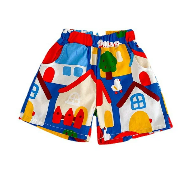 Летние детские новые милые и удобные дышащие свободные хлопковые шорты с принтом для маленьких домов для мальчиков и девочек, 2022