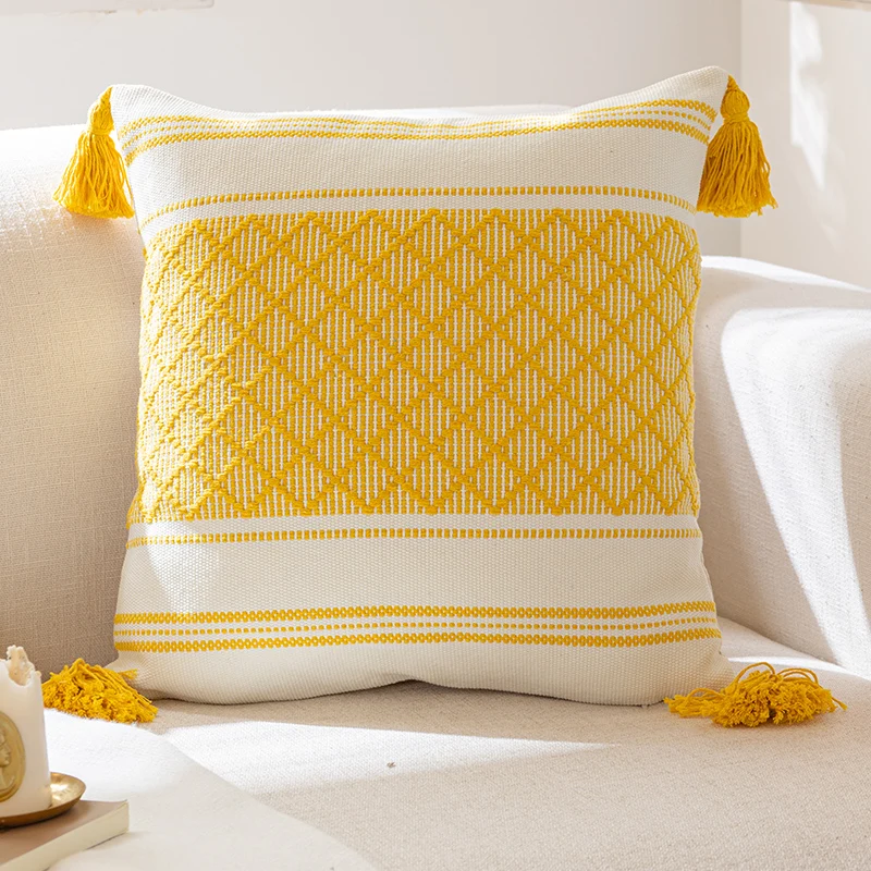 Bohemian Tassel Cotton Woven Pillow Simple Geometric Stripe Cushion Cover Living Room Sofa Christmas Printed Knitted Model Room