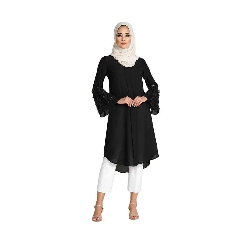 New Arrival Summer Fashion Muslim Women Long Tunic Tops Bell Sleeves Lady Blouse