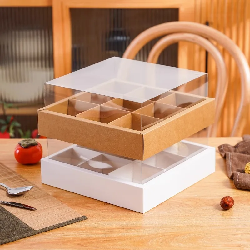 IMEE 6 Pieces 9 Compartment Sweet Mini Cake Cookie Snack Afternoon Tea White Red Square Clear Top Folded Box for Picnic