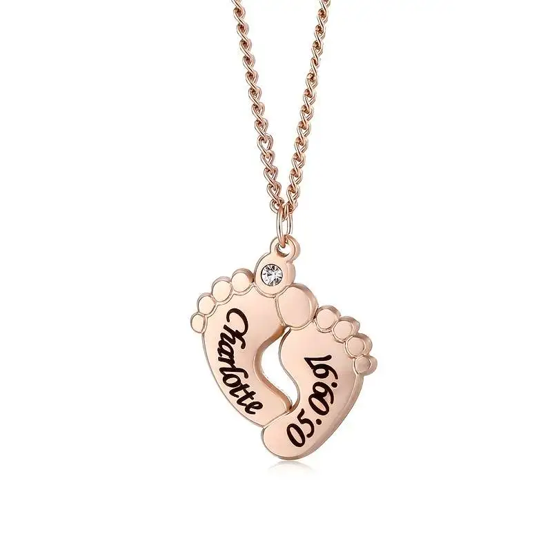 Personalized Engraved Baby Name Date Foot Necklace Stainless Steel Custom Name Letter Necklace Birthstone New Baby Feet Pendant