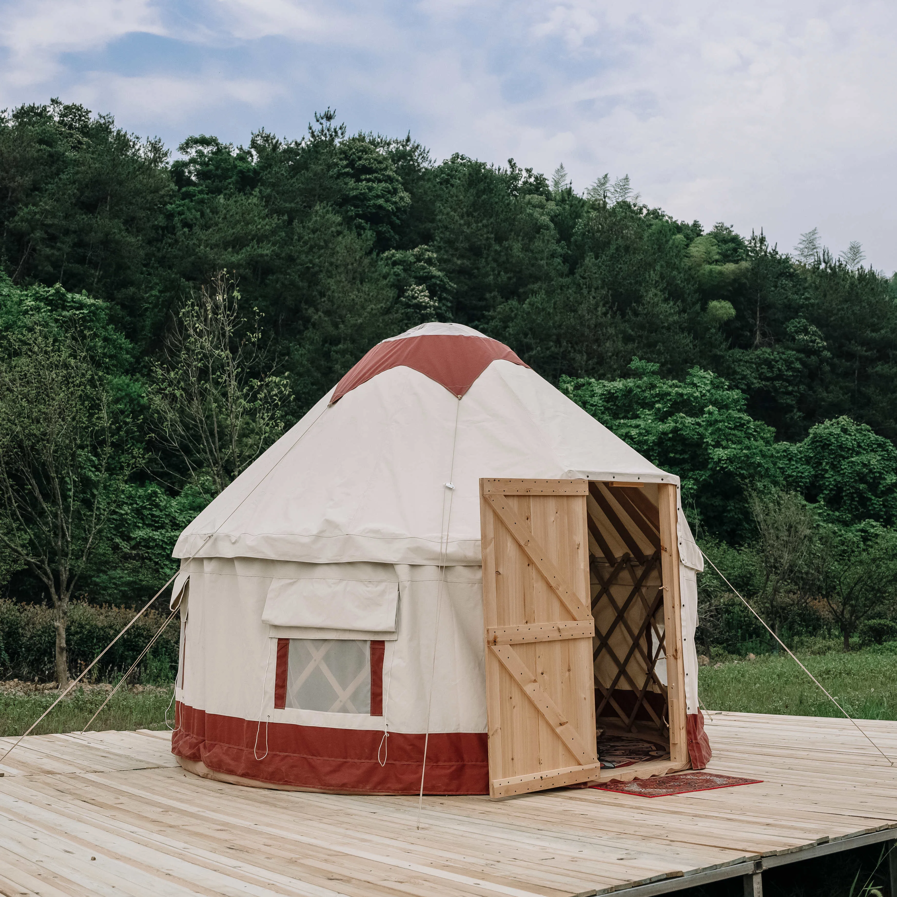 Wood circular tent poly cotton canvas glamping tent yurt tent  outdoor camping mongolian yurts luxury
