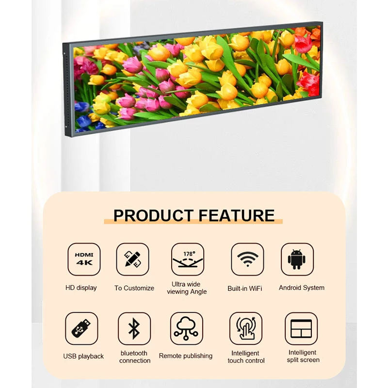 Shelf Edge TFT LCD Displays Video Advertising Player Stretched Bar Display for supermarket retail store 28 inch