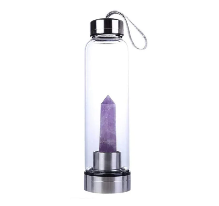 Glass Water Bottle with Gemstone Center Crystal Elixir Bottle with Natural Crystal Point Healing Obelisk Wand Energy Cup