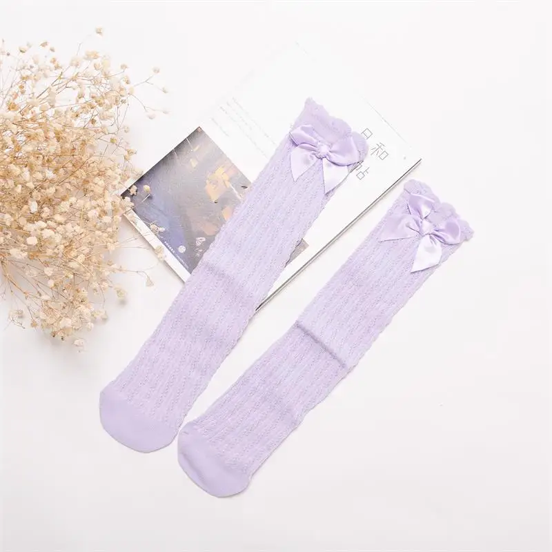 Girls Breathable Mesh Cable Knit Knee High Socks With Satin Bow Decorative Accessories Bowknot Lace Ruffle Princess Socks