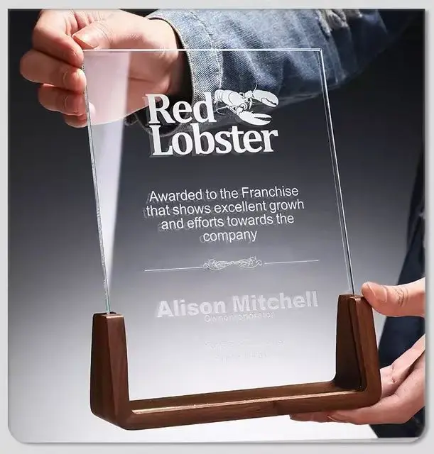 Simple Clear Glass Trophies Medals Plaques Crystal Award Plaque Trophy With Wood Base