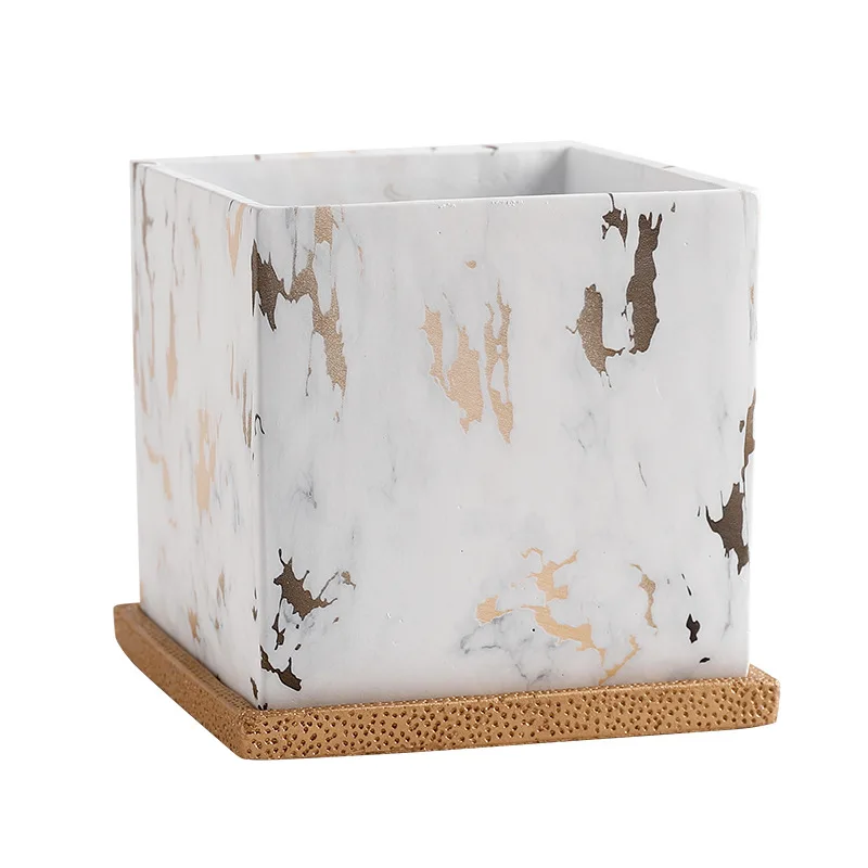 Wholesale Gold And White Marble Effect Cement Square Flower Pot