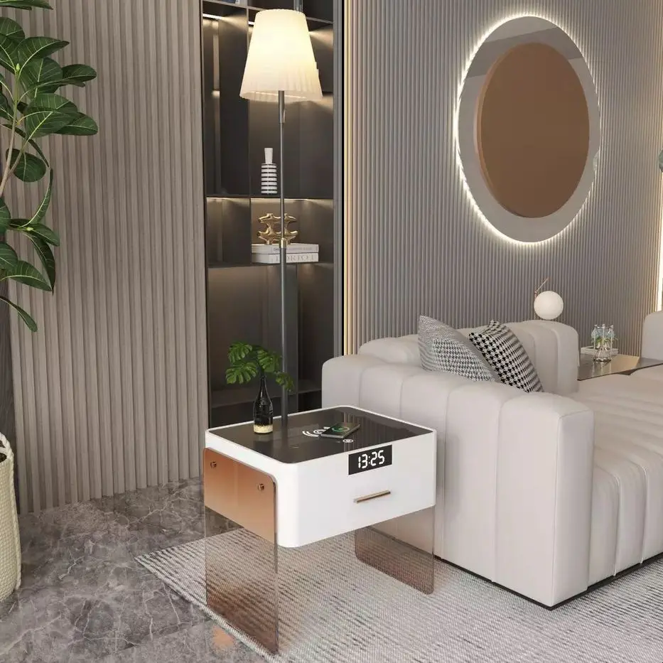 VASAGLE luxury multifunctional smart bedside table with  digital tube clock wireless nightstands with three-color led light