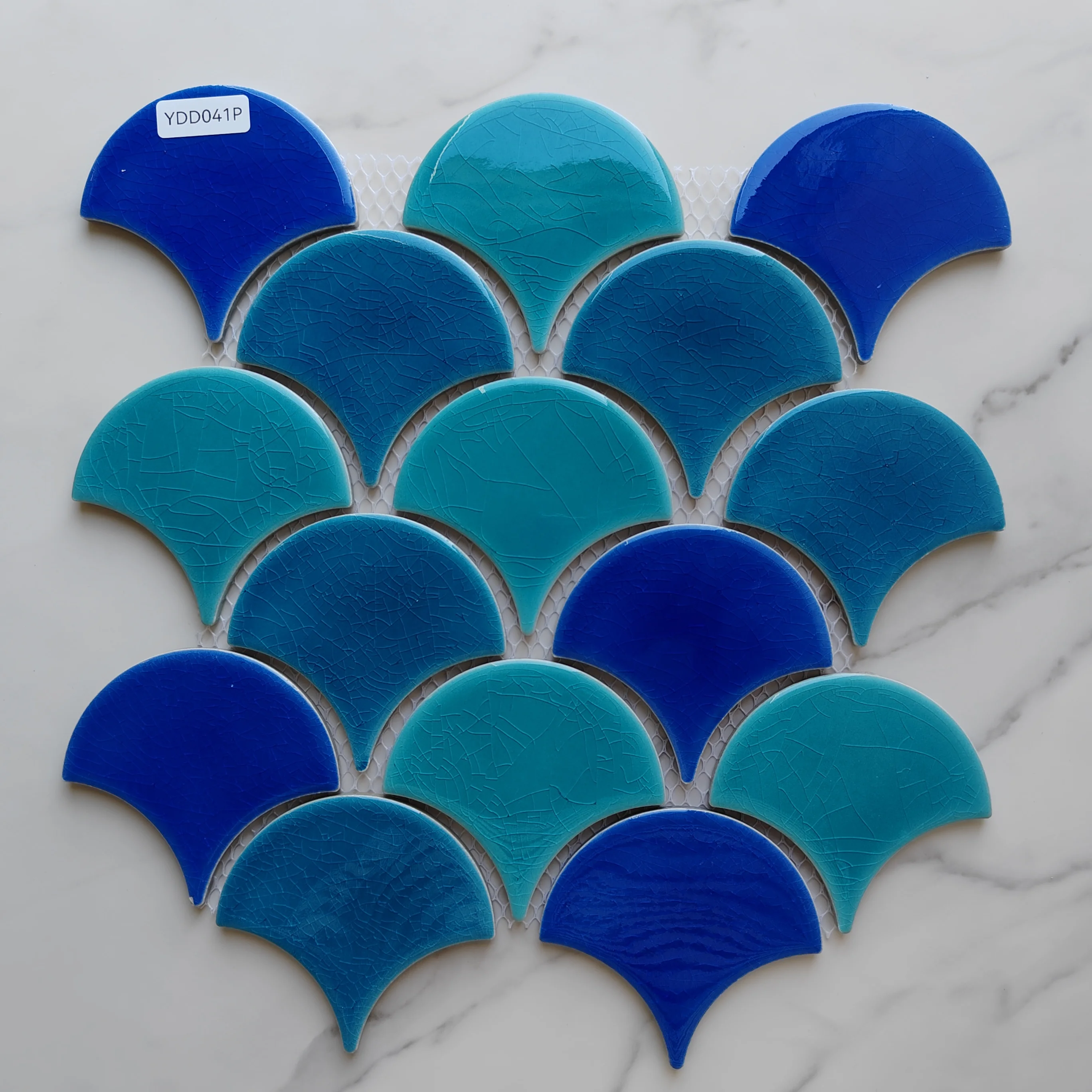Hot Sale Blue Blues Fish Scale Fan Glossy Crackle Bathroom Backsplash Shower Ceramic Mosaic Tile