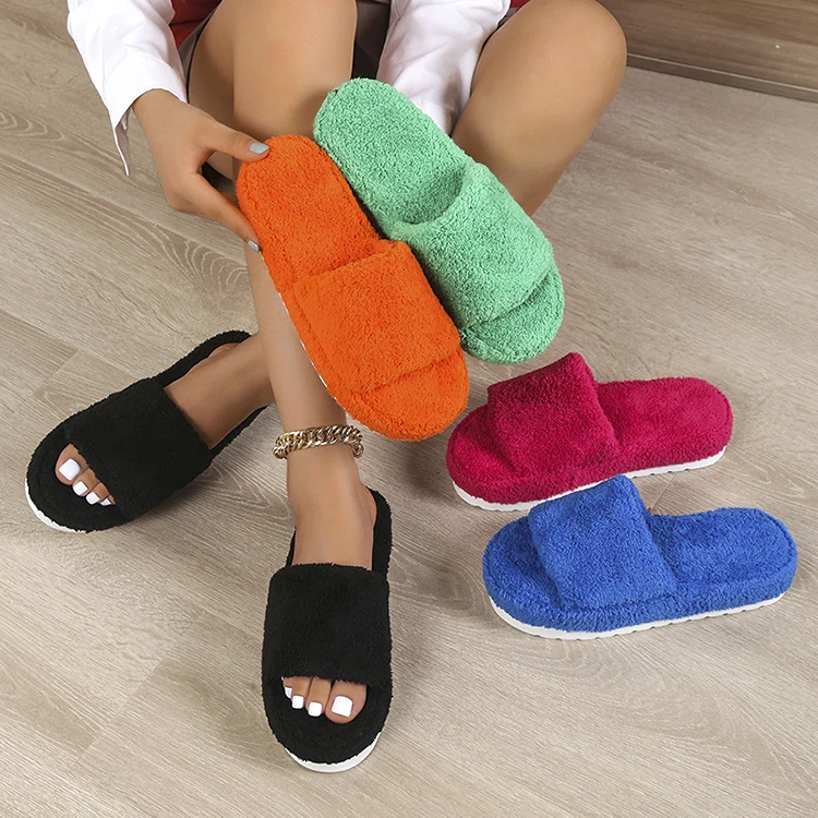 Factory Summer Open Toe Thick Soled Furry Solid Color Home Fluffy Faux Fur Slides Slippers for Women