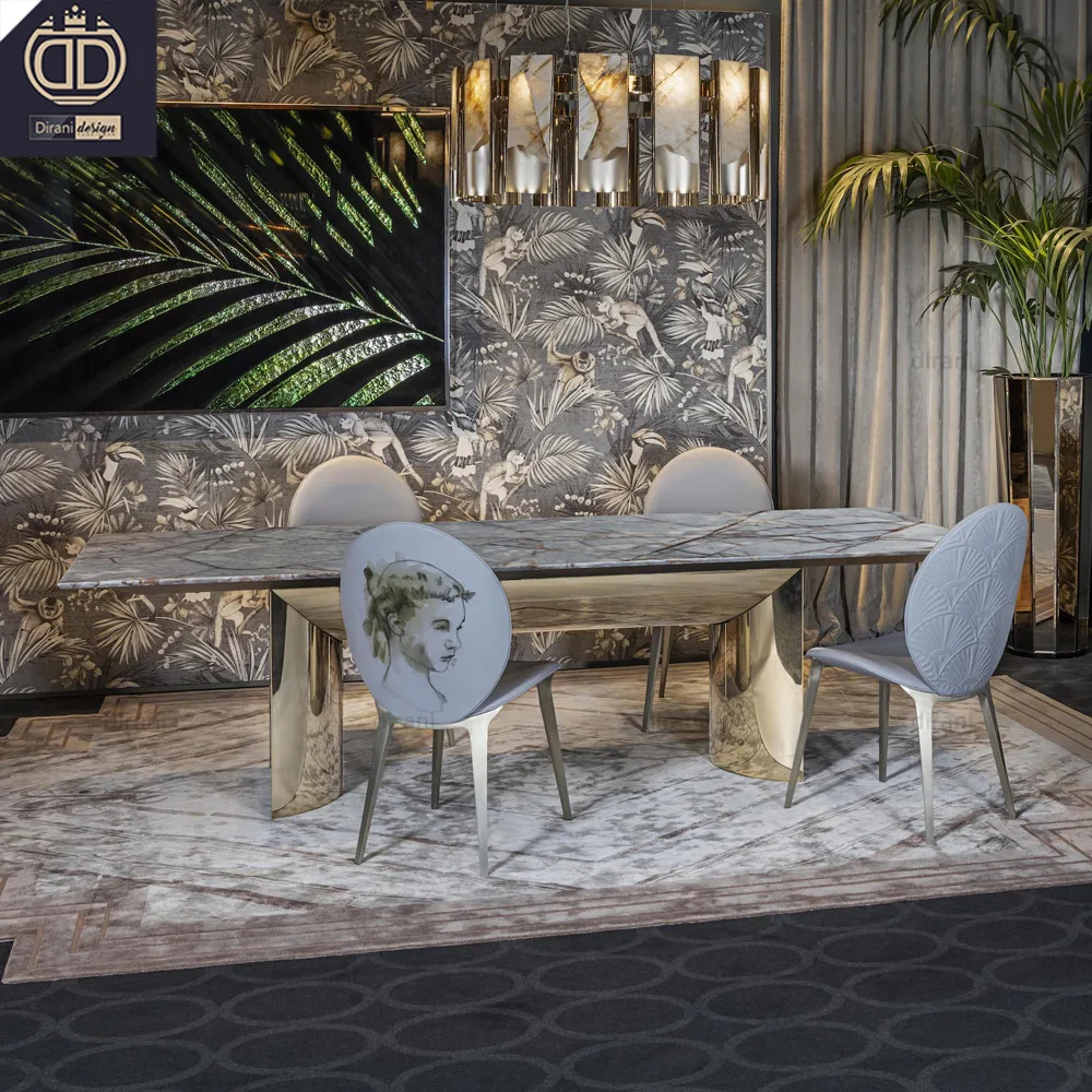 luxury Italian design modern gloss white dining table set gold marble white dining table