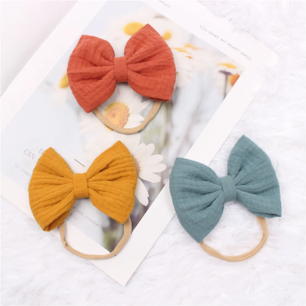 Baby Gauze Bows Headband 100% Cotton Muslin Hair Band for Toddler Infant Stretch Hair Accessories Fabric Opp Bag Kids Picture