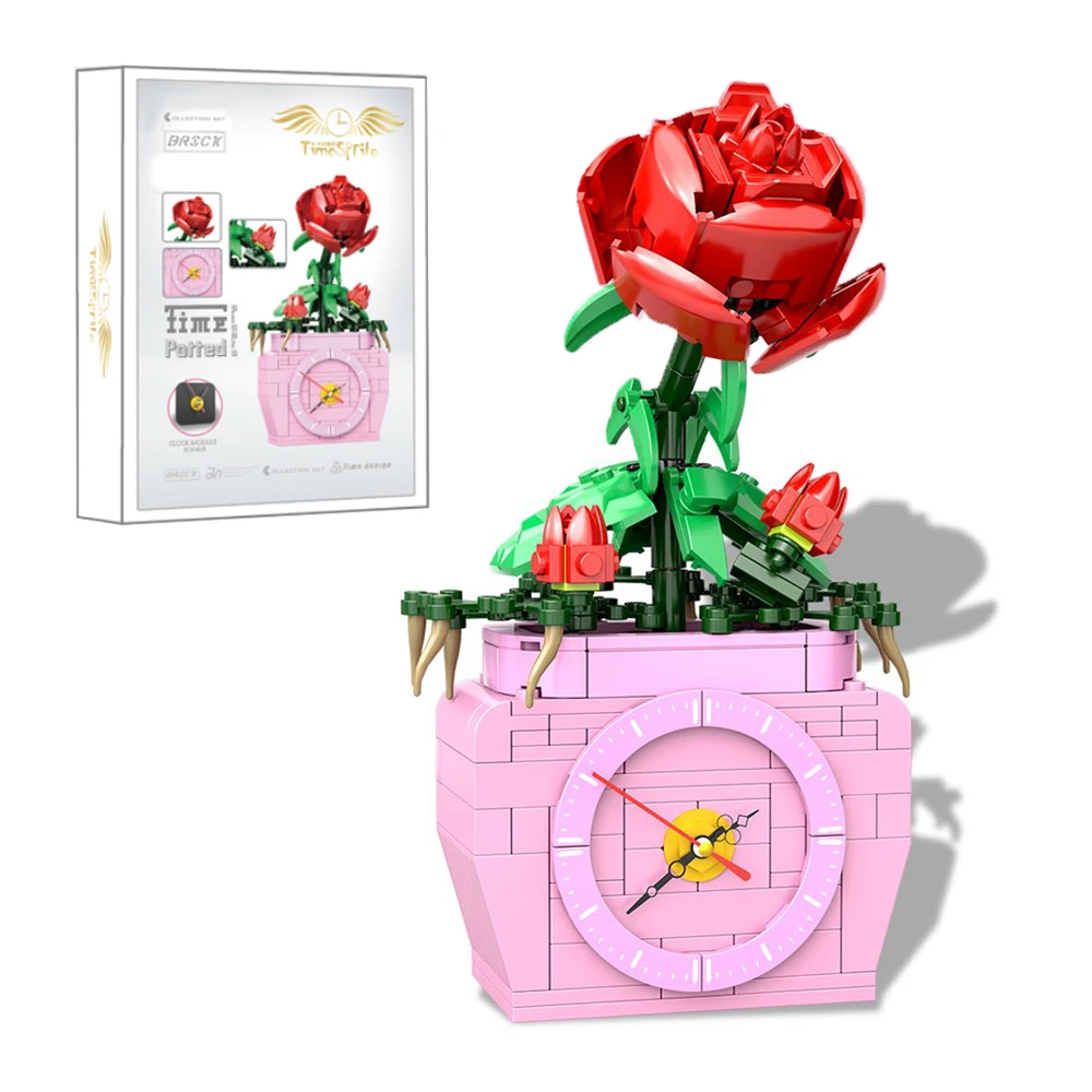227pcs Rose Flower Model With Clock Creator Bricks Building Blocks DIY Educational Toys For Kids Christmas Gift