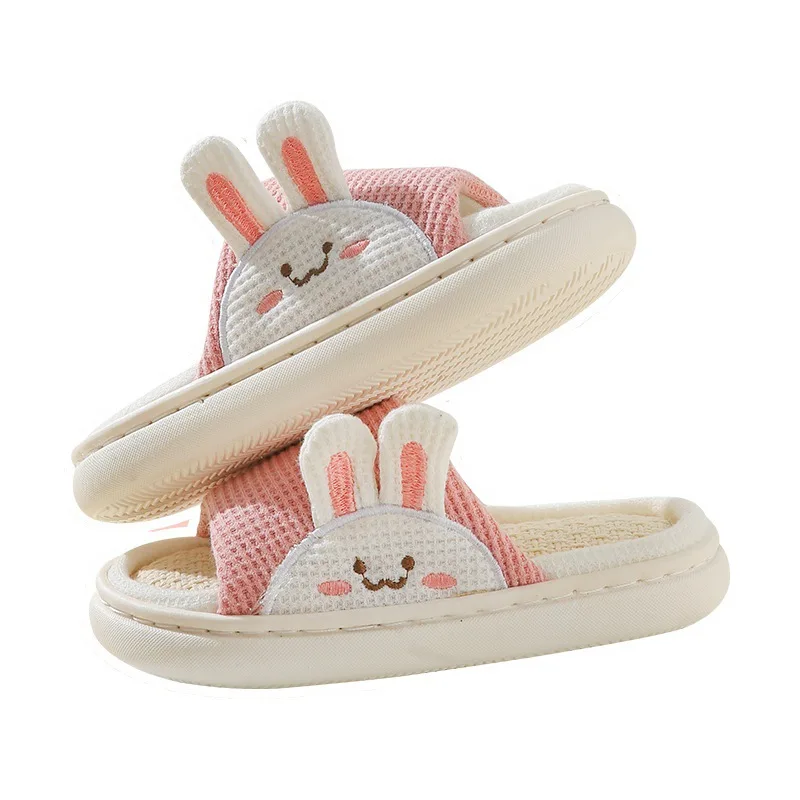 2022 Cartoon Bear Rabbit Linen Slippers For Children Floor Indoor Summer Shoes Cotton Mute Home  Non-slip Slides Slippers