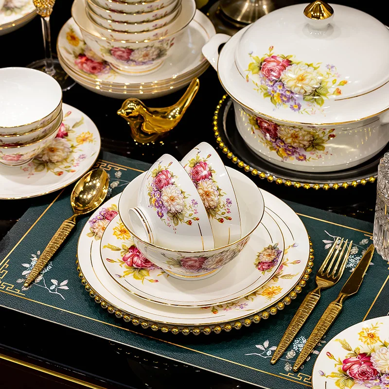 Household high-end bone china Chinese style light luxury rice bowls and plates ceramic tableware bowl set