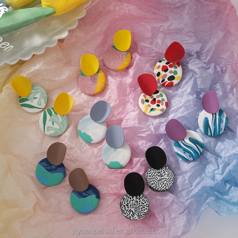 Bohemian Fashion Concave Alloy Handmade Round Polymer Clay Earrings For Women Jewelry