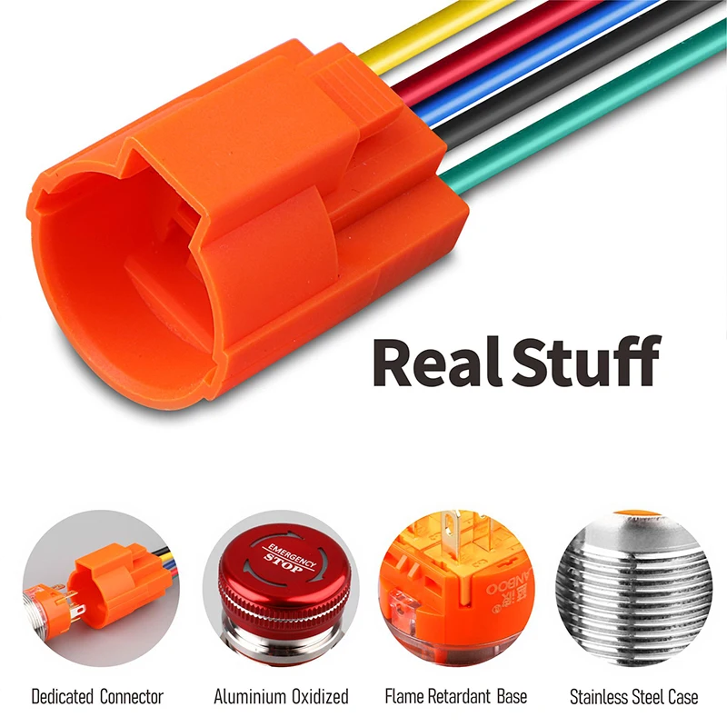 LANBOO 19mm 22mm waterproof IP65 Mushroom emergency stop push button switch with led 1NO1NC 2NO2NC latching switch ON OFF