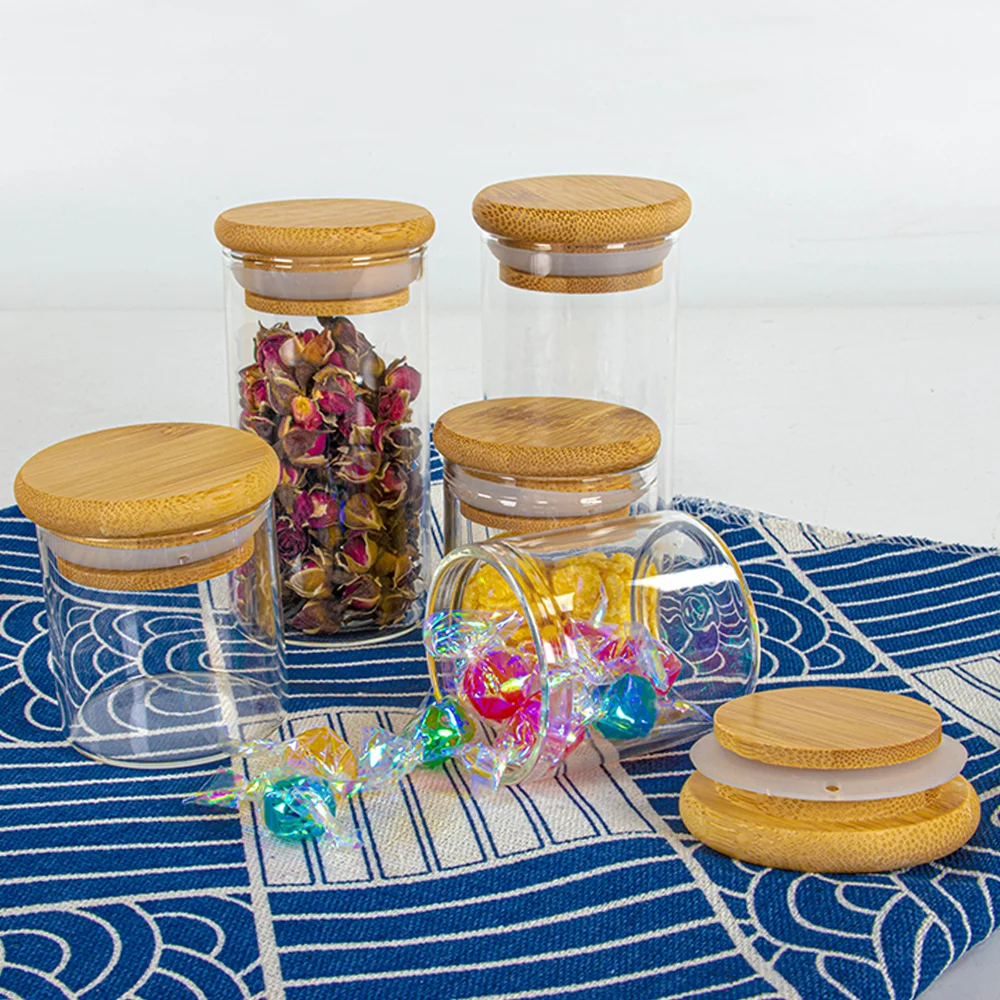 wholesales borosilicate airtight sealed 60ml glass jar with wooden bamboo lid