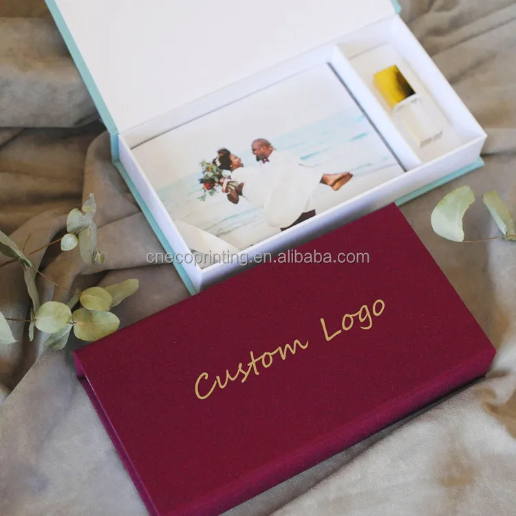 Custom Size Logo Good Memories Photo Storage Linen Paper Magnetic Boxes with USB Flash Drive Slot
