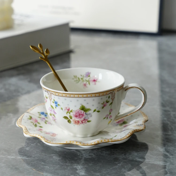 Chinese new design pink flower pattern porcelain bone china tea cup set traditional turkish ceramic coffee cups with saucer