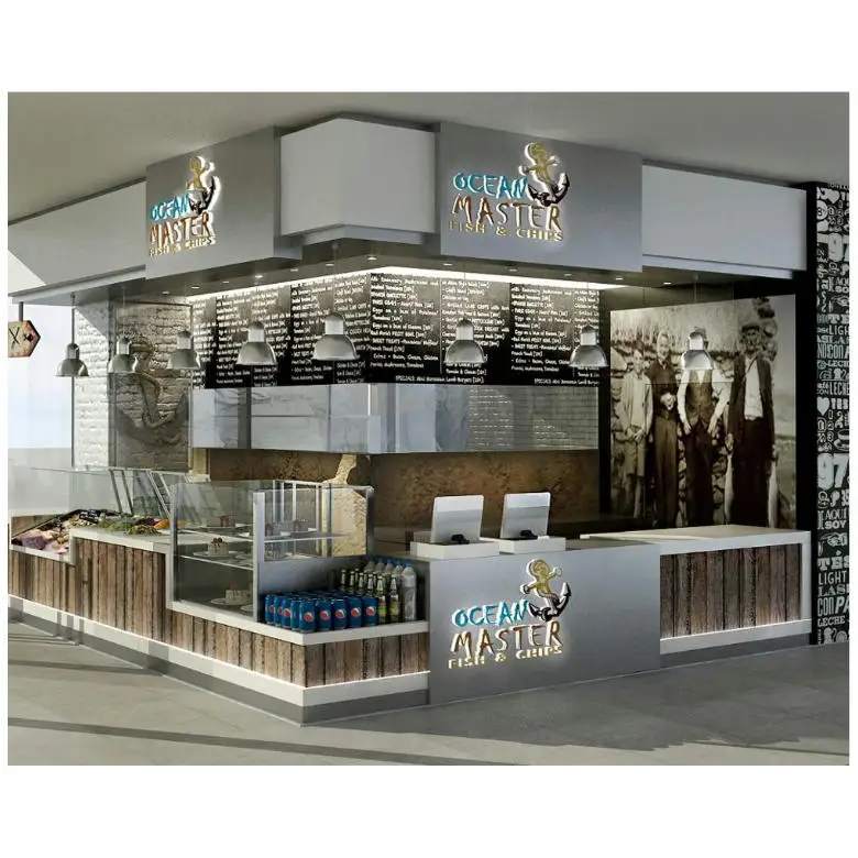 
Modern shopping mall cafe and food kiosk design with wood display counter  (60870806461)