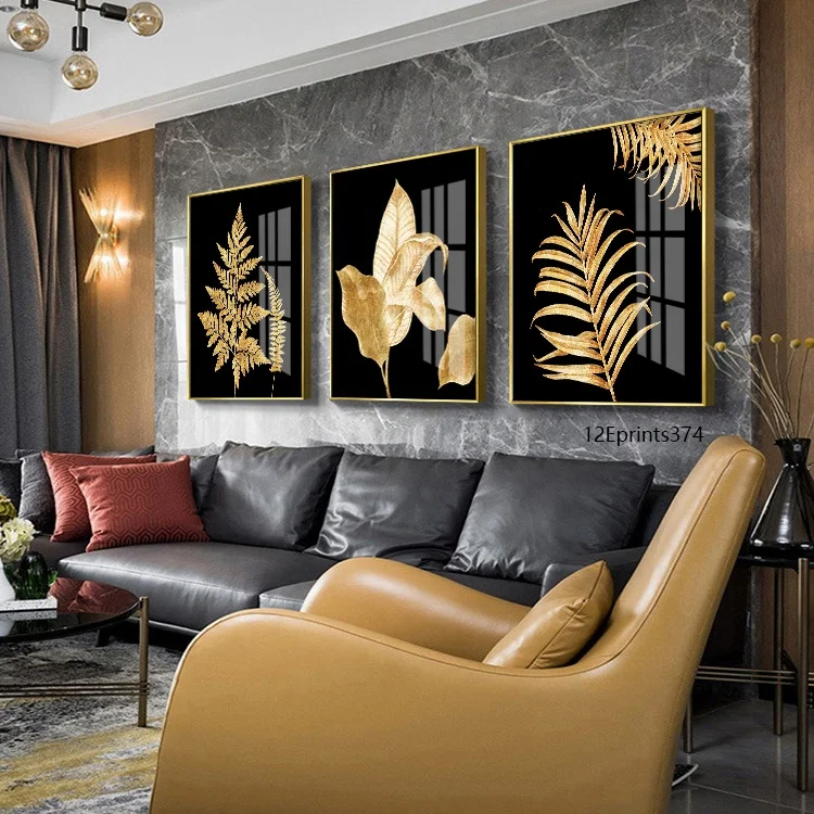 Abstract Art Hotel Prints 3pcs Golden Leaf Wall Crystal Porcelain Painting