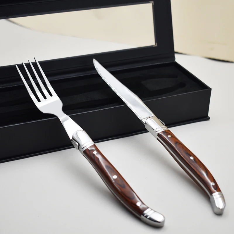 Hot selling Laguiole kitchen accessories wooden handle cutlery set flatware set 2 pcs with simple  packing box