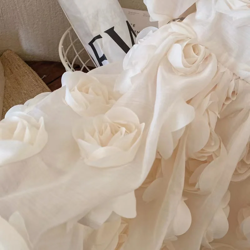 2024 New Flower Girls Party Dress Formal Long Sleeve Lace Ruffle Wedding Dress Children Short Sleeve Beige Kids Dress