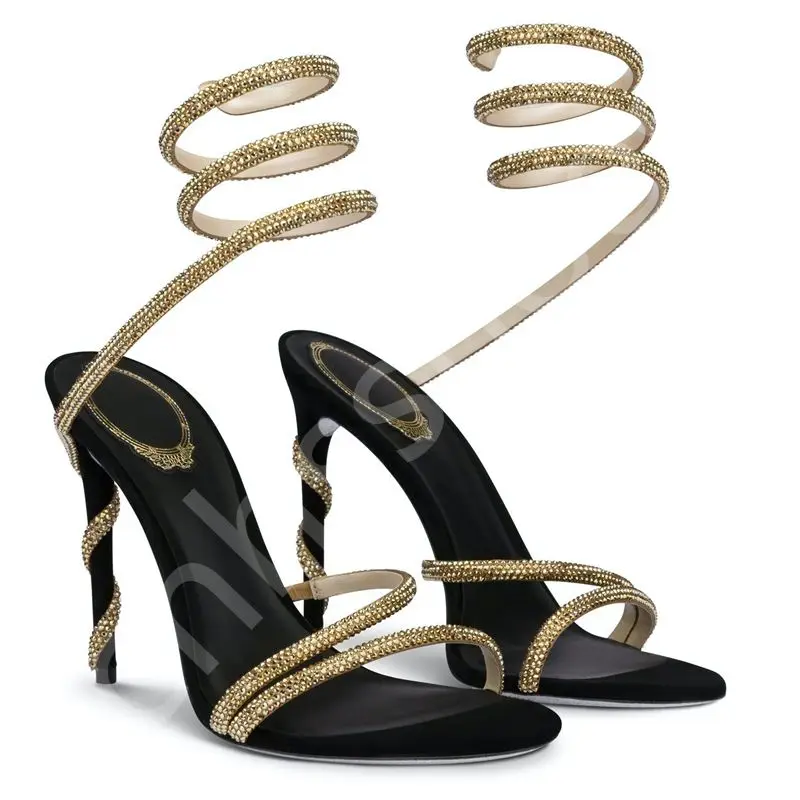 Open toe wedding shoes 3.75inch heel snake-shaped diamond sandals sheepskin high heels elegant luxury sandals for women