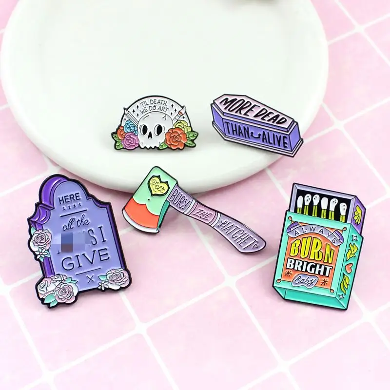 Matchbox Axe Wreath Gravestone Coffin Death Art Pin Leather Backpack Badges Lapel Pins