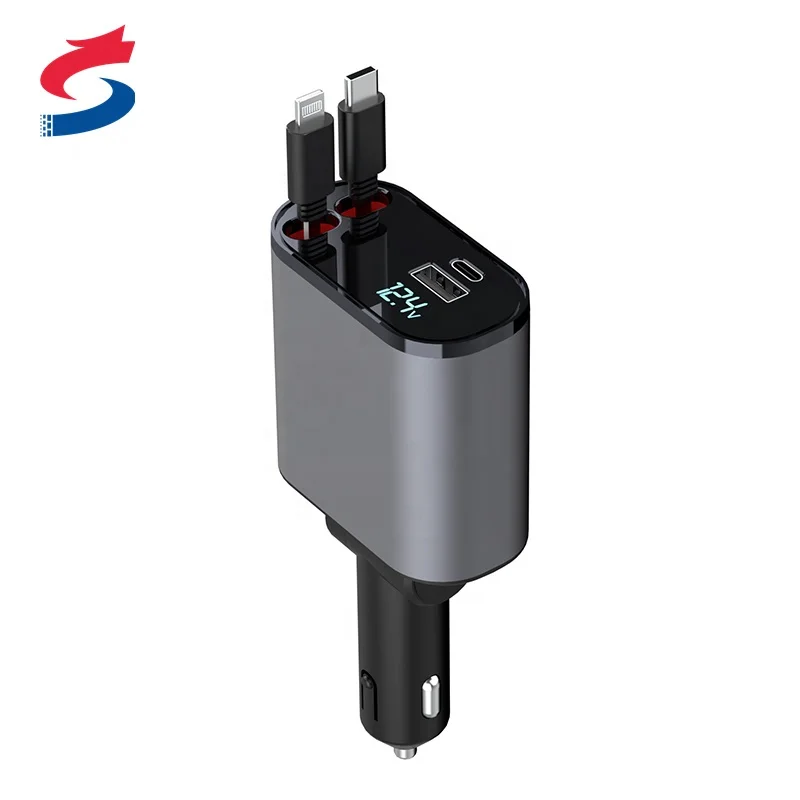 120 Вт 4 в 1 выдвижное автомобильное зарядное устройство USB Type-C кабель для Iphone быстрое прикуривателя адаптер