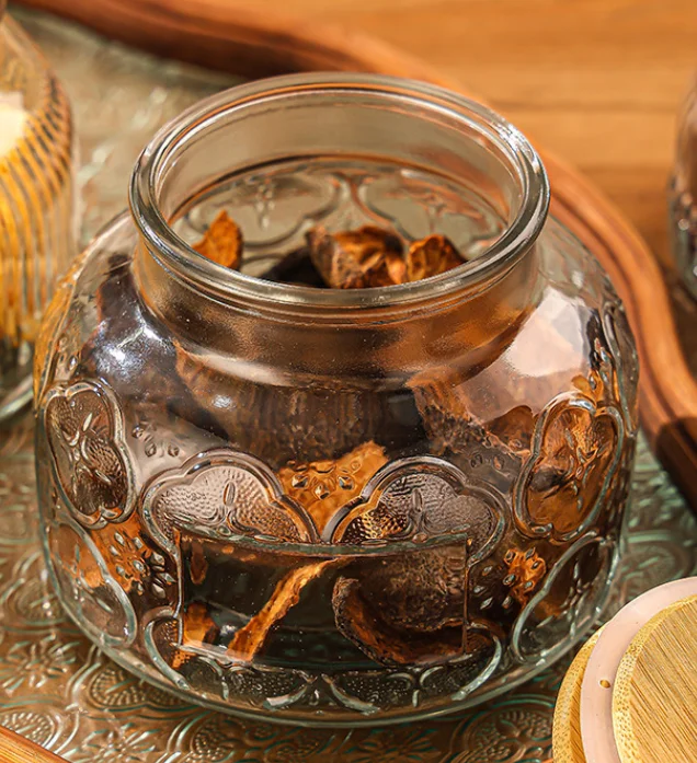 Transparent glass tea jar Household vintage pattern sealed jar Snack candy storage jar 260ml350ml750ml bamboo cover wooden cover
