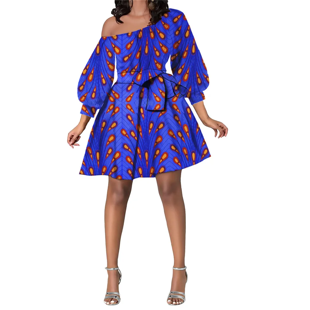 Long Sleeves Mini Dresses African Kitenge Print Designs Dress Casual Cocktail Swing Party Tunic Dress Traditional Costume 2023