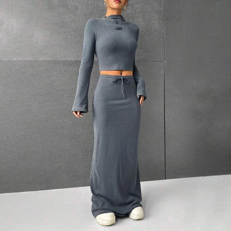F230699 Custom Women Fall Winter Fashion Clothes Two Piece O-neck Sexy Long-sleeved Crop Top Shirt and Long Maxi Skirt Dress Set