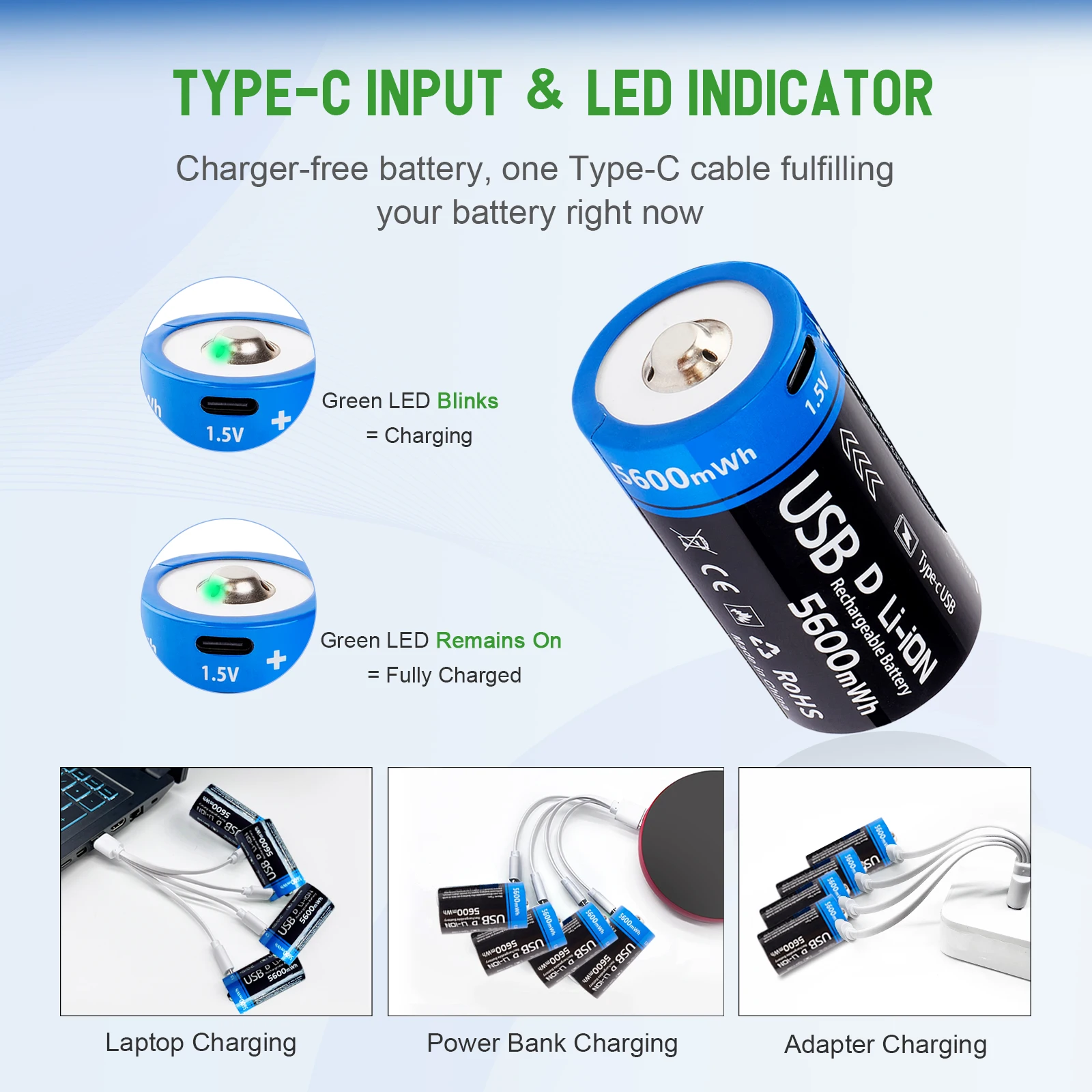 Manufacturers wholesale 1.5V D battery 5600mWh USB rechargeable lithium battery for toy flashlight small appliances