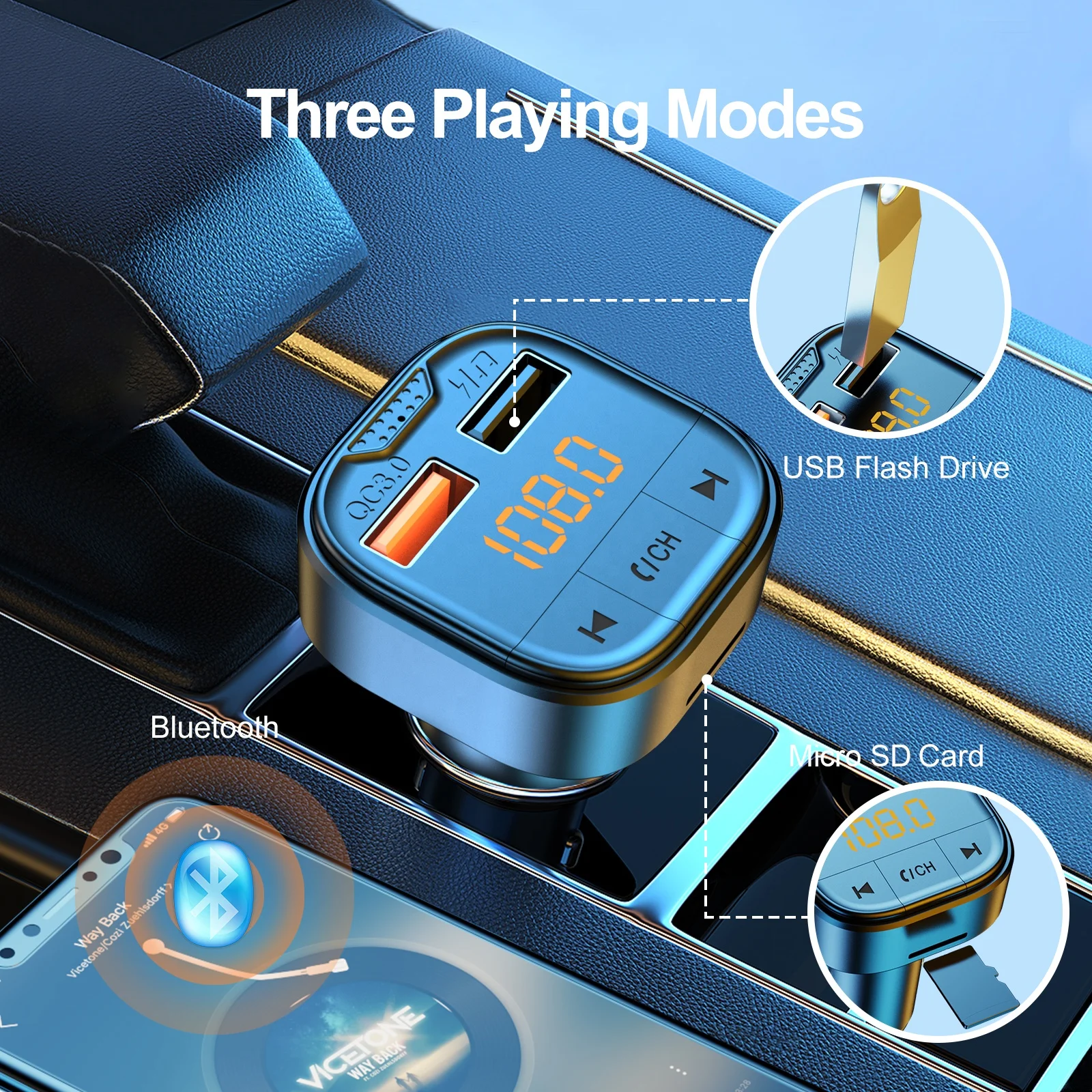 AGETUNR NEW T80 Bluetooth Car Kit Handsfree Stereo FM Transmitter MP3 Player 18W QC3.0 fast charge activate phone voice control
