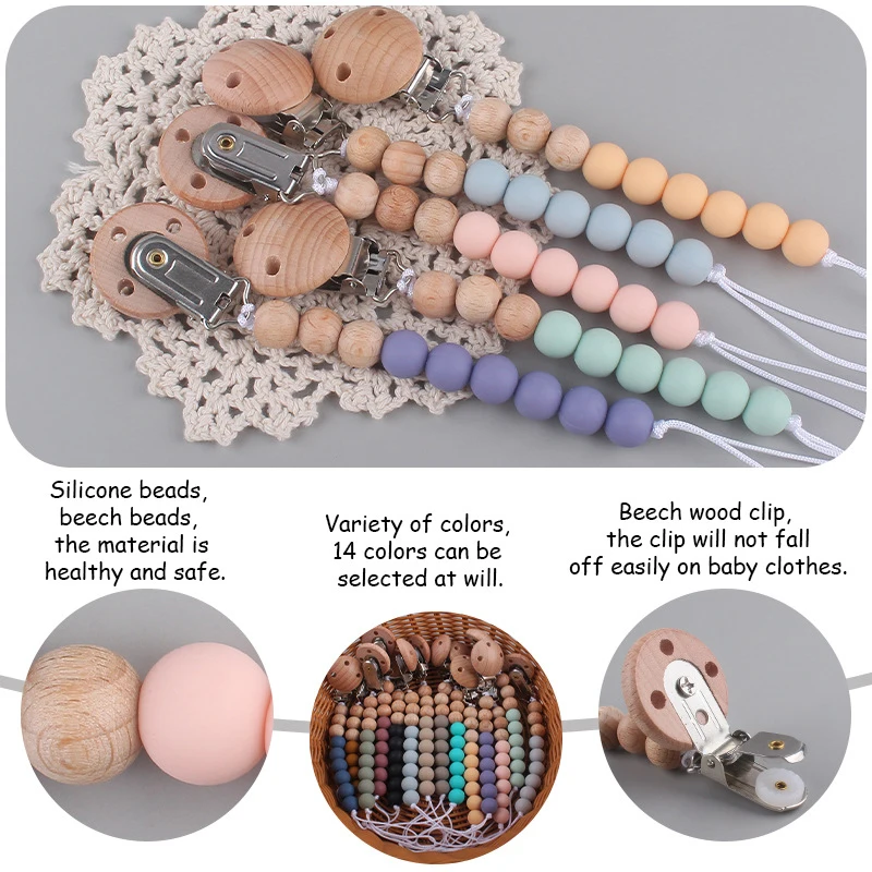 Wholesale Printed Letters Wooden Rings Colorful BPA Free 100% Silicone Baby Pacifier Beads Chain