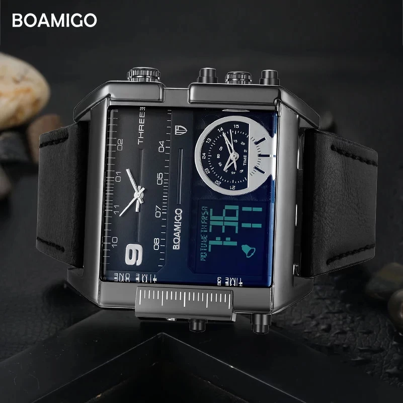 Мужские Цифровые часы BOAMIGO F920 в новом стиле идеальный ремешок из искусственной кожи водонепроницаемые гигантские спортивные с 3 часовыми поясами