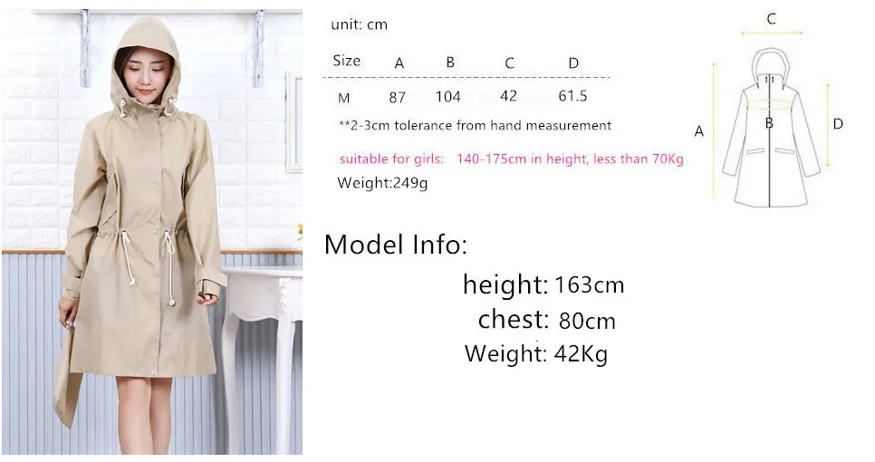 Women Lady  Portable Fashion Quick Dry Waterproof Breathable Polyester Hiking Hooded Rainwear Raincoat Rain Cape Coat