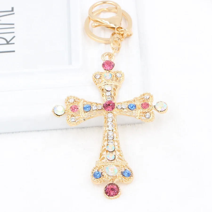 Wholesale Rhinestone Cross Pendant Keychain Catholic Jesus Crucifix Key Chain With Metal Key Ring